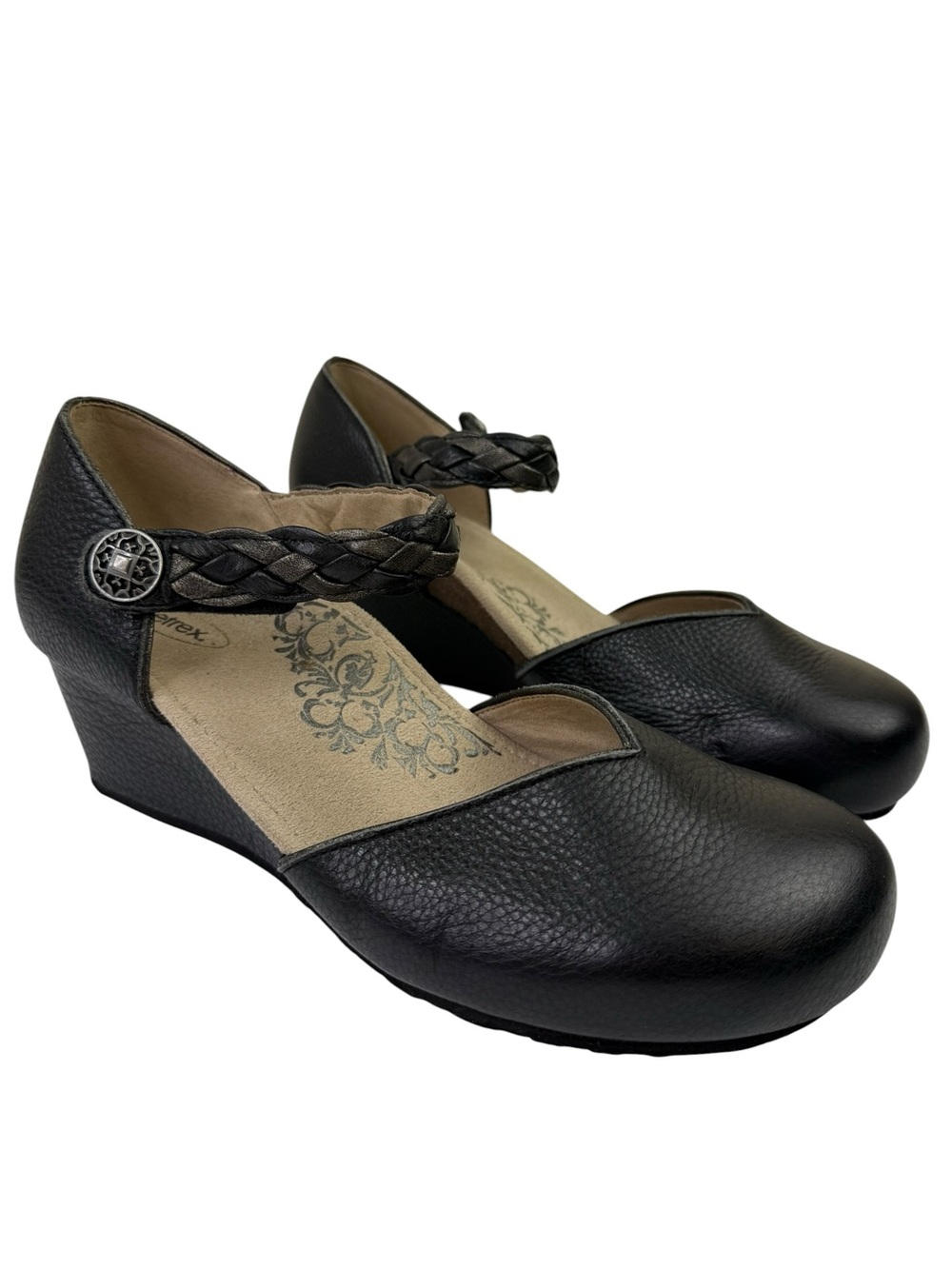 AETREX Mia Wedge Comfort Shoes Black Leather Orthotic Mary Jane 9-9.5 US 40 EU